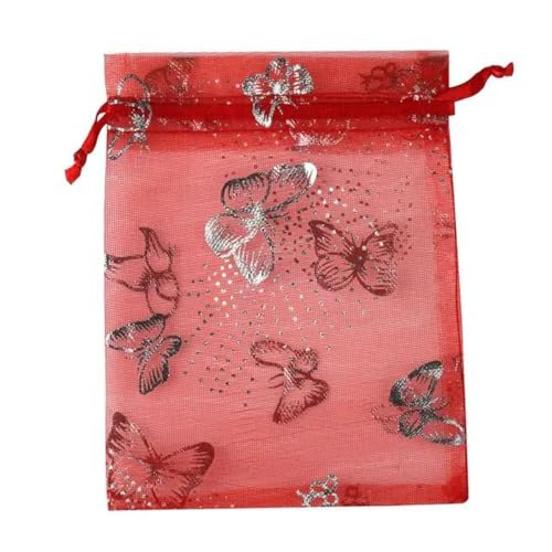 Organza-Säcke Organza-Geschenk-Säcke 50 Stück 7 x 9 cm Organzabeutel, silberfarben, Schmetterlingsdruck, for Schmuck, Hochzeit, Party, ausziehbare Verpackung, Display und Geschenkbeutel(11 Red Butterf von PXAMORTEL