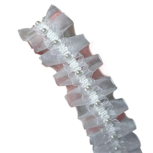 PXAMORTEL Plissiertes Spitzenband mit Rand, 4 cm breit weiß schwarz Organza Perlen Spitze gewebt Falten Rüschen Fransen Band(White) von PXAMORTEL