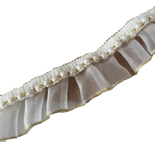 PXAMORTEL Plissiertes Spitzenband mit Rand, 5 Meter 4 cm 1,57 Zoll Beige Tüll Perlen Rüschen Falten Stoff Material Ärmel Kleid Rock Spitzenbesatz von PXAMORTEL