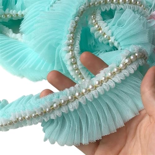 PXAMORTEL Plissiertes Spitzenband mit Rand, 5 cm breiter, plissierter Chiffon-Spitzenrüschen-Kleiderkragen mit Perlenband(Light Green) von PXAMORTEL