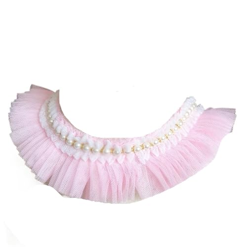 PXAMORTEL Plissiertes Spitzenband mit Rand, 5 cm breiter, plissierter Chiffon-Spitzenrüschen-Kleiderkragen mit Perlenband(Pink) von PXAMORTEL