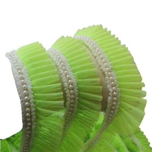 PXAMORTEL Plissiertes Spitzenband mit Rand, 5CM Breite Tüll Mesh Plissee Fabirc Band Perlen Fringe Spitze Kanten Trim Brautkleider(Elegant Green) von PXAMORTEL