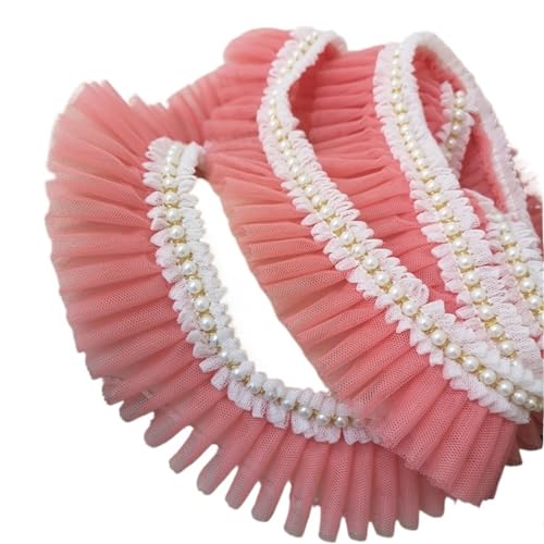 PXAMORTEL Plissiertes Spitzenband mit Rand, 5CM Breite Tüll Mesh Plissee Fabirc Band Perlen Fringe Spitze Kanten Trim Brautkleider(Red1) von PXAMORTEL