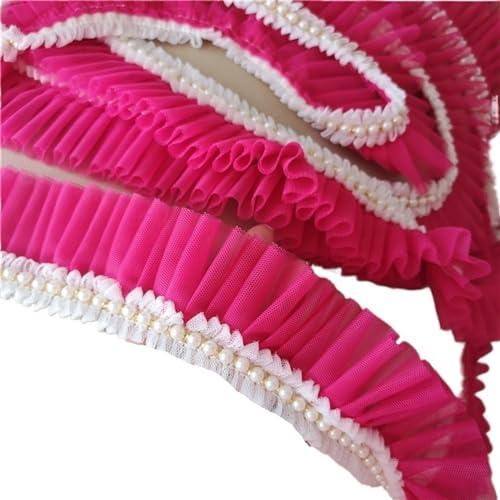 PXAMORTEL Plissiertes Spitzenband mit Rand, 5CM Breite Tüll Mesh Plissee Fabirc Band Perlen Fringe Spitze Kanten Trim Brautkleider(Rose Pink) von PXAMORTEL