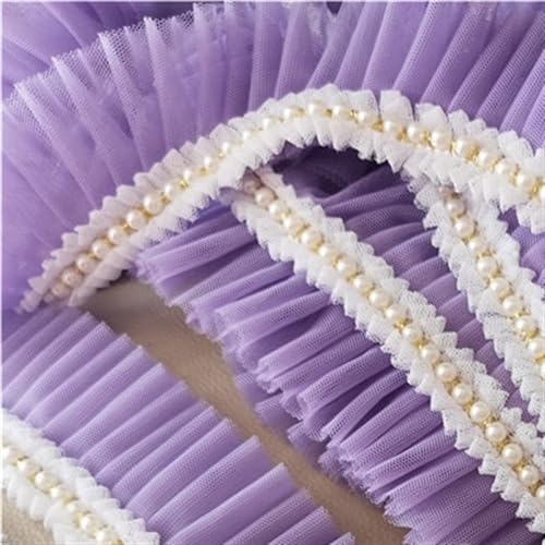 PXAMORTEL Plissiertes Spitzenband mit Rand, 6CM Breite Doppel Schichten Mesh Plissee Stoff Band Rüschen Perlen Fringe Spitze(Purple) von PXAMORTEL