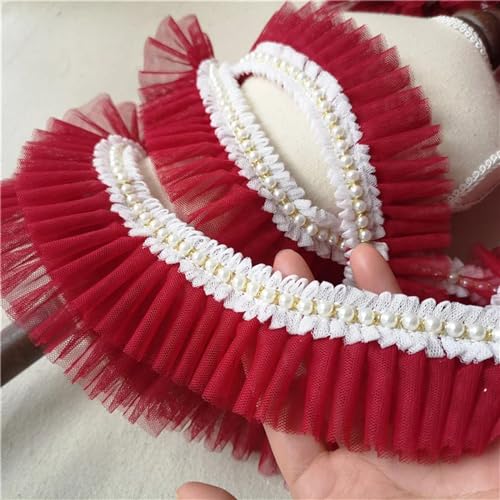 PXAMORTEL Plissiertes Spitzenband mit Rand, 6CM Breite Doppel Schichten Mesh Plissee Stoff Band Rüschen Perlen Fringe Spitze(Red) von PXAMORTEL