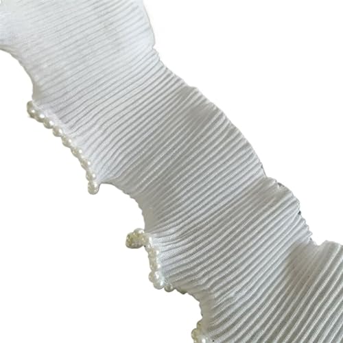 PXAMORTEL Plissiertes Spitzenband mit Rand, 6CM breit weiß plissierten Chiffon Stoff Stretch Spitze Band elastische Perlen Rüschen Fransen Trim handgefertigt von PXAMORTEL