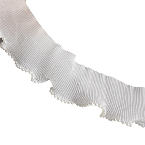 PXAMORTEL Plissiertes Spitzenband mit Rand, Weiße Perlen elastische Chiffon Plissee Spitze Rüschen Trim Band Stoff handgemachte Kragen(10 Yards) von PXAMORTEL