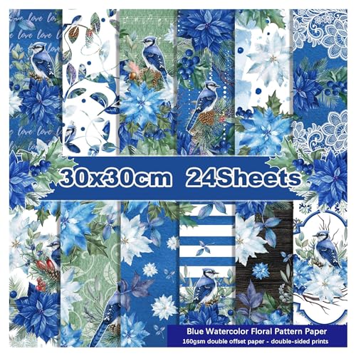 PXAMORTEL Scrapbooking Dekorpapier Cardstock Papierblock, 12"x12", doppelseitig, 24 Blatt Aquarell-Musterpapier mit Blumen, Pflanzen und Vögeln, Album-Hintergrund, Scrapbook-Layout von PXAMORTEL