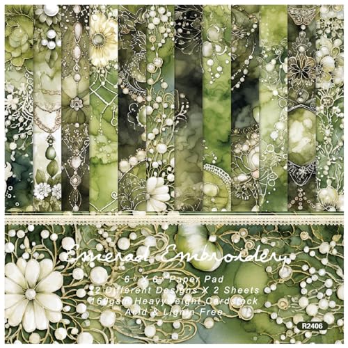 PXAMORTEL Scrapbooking Dekorpapier Cardstock Papierblock, 24 Blatt 6"x 6", Papierpaket mit Blumen- und Perlenstickmustern, einseitig, 12 Designs, Papierblock for Basteln von DIY-Karten, grün von PXAMORTEL