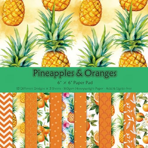 Scrapbooking Dekorpapier Cardstock Papierblock, 6 x 6 Zoll, 24 Blatt Papierpaket mit Ananas-Orange-Muster, einseitiger Karton mit Sommermotiv for die Gestaltung von Hintergrundkarten for Fotoalben von PXAMORTEL