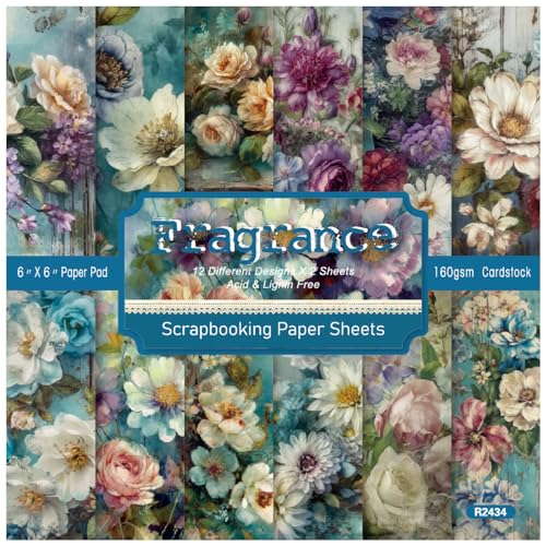 Scrapbooking Dekorpapier Cardstock Papierblock, Floral, 24 Blatt, 6 x 6 Zoll, einseitiges Musterpapierpaket mit Blumenclustern, 12 Designs, Bastelzubehör for die Kartenherstellung for Selbermachen und von PXAMORTEL