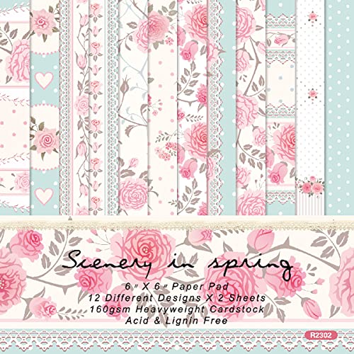 Scrapbooking Dekorpapier Cardstock Papierblock, Scrapbooking-Dekorpapier, einseitiges Papierpaket mit Blumenmuster und Frühlingsmotiven, Geschenkverpackung, Fotoalbum-Dekor, 24 Blatt, 6 x 6 Zoll von PXAMORTEL