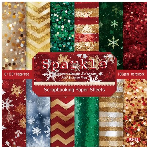 Scrapbooking Dekorpapier Cardstock Papierblock, Weihnachten, 48 Blatt 6"x6" Glitzer-Konfetti-Papierpaket mit Schneeflockenmuster, einseitige Drucke for die Gestaltung von Fotoalben-Hintergrundkarten von PXAMORTEL