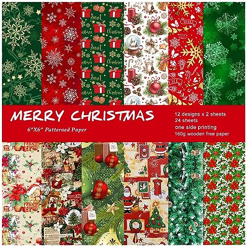 Scrapbooking Dekorpapier Cardstock Papierblock, Weihnachts-Papierblock, 15,2 x 15,2 cm, 48 Blatt, Papier mit Schneeflocken-Blumenmuster, einseitiger Karton, Urlaubs-Scrapbooking-Zubehör-Set, Rot/Grün von PXAMORTEL