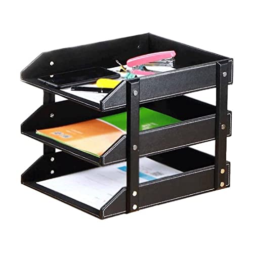 Stapelbare Büro-Briefablagen, Aktensortierer-Organizer, dreischichtiges Aktenfach aus Leder, Aktenhalter, mehrschichtiger Datenhalter aus Leder, dreischichtiges Ablageregal for Büroakten(Black) von PXAMORTEL