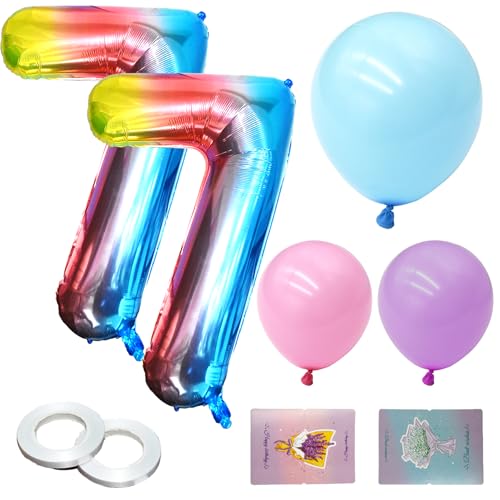 PXBSNB 2 Stück Geburtstag Zahlen Luftballon 7 Jahre, Regenbogen Farbverlauf Luftballons, Folienballon in 40 Zoll 101cm Geburtstagsdeko mit Bändern für 7 Jahre Babyparty Jubiläum Party Deko von PXBSNB