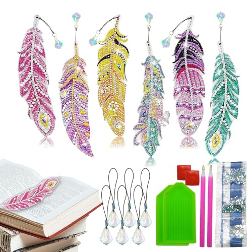 PXBSNB Diamond Painting Lesezeichen Feder, 6 Stück Diamond Painting Kinder, Diamant Painting Bookmark mit Kristall Anhänger, DIY Bastelset Mädchen 5-12 Jahre für Ostern Geschenke Seite Markierung von PXBSNB