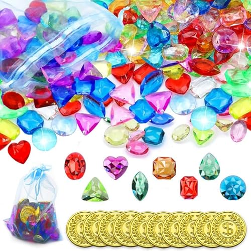 PXBSNB Edelsteine für Kinder, 100 Stück Acryl Diamanten Kinder, Transparent Edelsteine Kinder, Bunt Diamant mit 10 Goldmünzen, Kristalle Edelstein für Schatz Hochzeit Vasen Tischdeko von PXBSNB