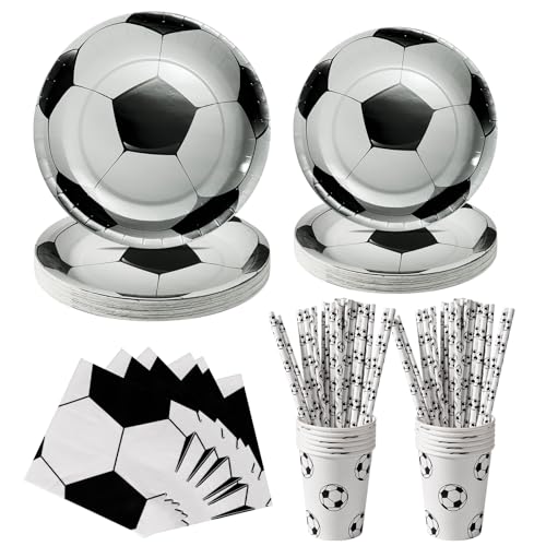 PYAILI Fußball Partygeschirr Set, Fußball Partyteller Geburtstag für 20 Gäste, Fussball Geburtstag Geschirr, Party Deko Set, Kindergeburtstag Teller Becher Servietten von PYAILI