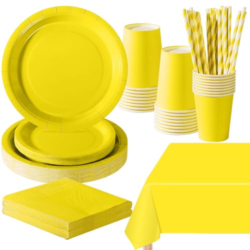 PYAILI Gelb Partygeschirr, 121 Stück Pappteller Sets, Party Pappteller Becher Servietten Partyteller Partyset Süße Party, für Feste und Feiern wie Geburtstag PYAILI Gelb Partygeschirr, 121 Stück Pappteller Sets, Party Pappteller Becher Servietten Partyteller Partyset Süße Party, für Feste und Feiern wie Geburtstag von PYAILI