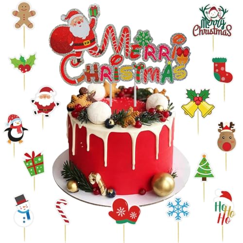 PYAOGG Weihnachtskuchendekorationen, 16 Stück, Frohe Weihnachten, Cupcake-Dekorationen mit Kuchen für Weihnachten, Party, Dekoration, Zubehör von PYAOGG