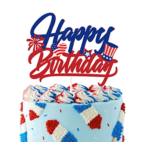 American Happy Birthday Kuchendekoration, blau-roter Glitzer – Happy Independence Day 4. Juli Kuchendekoration – USA Gedenktag Party Dekoration Supplies von PYQWA