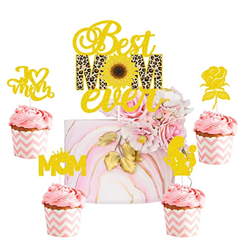 Best Mom Cupcake-Topper, goldener Glitzer mit Sonnenblume – Happy Mother's Day Cupcake Dekor – Happy Birthday Mommy Party Dekoration Supplies von PYQWA