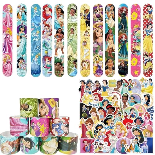 PYTRARTY Prinzessin Geburtstag Party Mitgebsel Set，12Pcs Prinzessin Slap Armband Kinder,50Pcs Prinzessin Aufkleber ,Kindergeburtstag Gastgeschenk von PYTRARTY