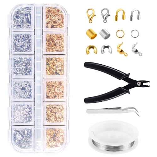 PZJFH 1200 Stück Quetschperlen Set, 6 Zubehörteile mit Crimpzange, Pinzette und Perlendraht, Schmuckherstellung Set für selbstgemachte Ohrringe, Halsketten, Armbänder, Schmuckherstellungszubehör von PZJFH