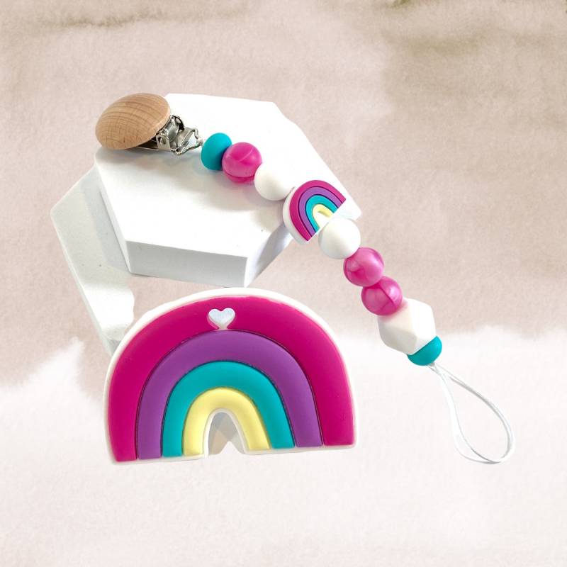 Rosa Silikon Regenbogen Schnullerkette | Schnuller Clip Pink von PacificPacifiers