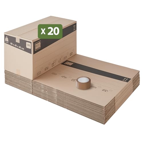 Pack and Move – Packung mit 20 XL-Aufbewahrungs-Umzugskartons – 80 x 40 x 40 cm – verstärkte Griffe – 1 gratis Kleber von Pack and Move