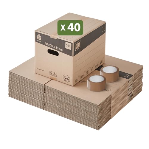 Pack and Move – Set mit 40 Umzugskartons zur Bücheraufbewahrung – 40 x 30 x 30 cm – verstärkte Griffe – 2 gratis Kleber von Pack and Move