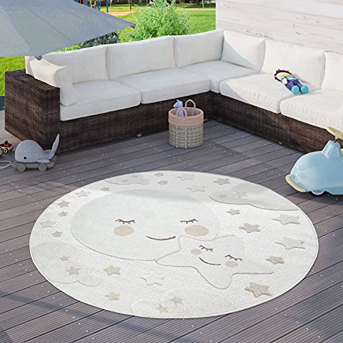 Kinderteppich Kinderzimmer Outdoor Teppich Rund Spielteppich Junge Mädchen, Grösse:120 cm Rund, Farbe:Creme 2 von Paco Home