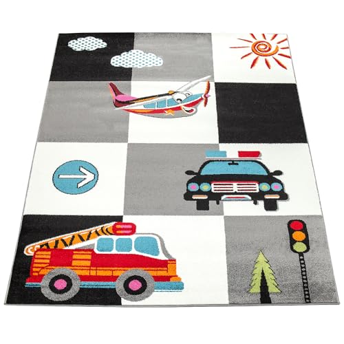 Kinderteppich Spielteppich Polizei Feuerwehr Flugzeug Karo Creme Grau Schwarz, Grösse:160x220 cm von Paco Home