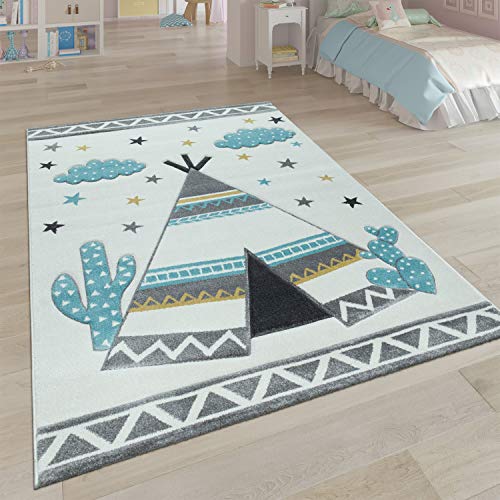 Paco Home Kinder-Teppich, Kinderzimmer Pastell Farben, Indianer-Zelt Motiv 3-D, in Cream Grau, Grösse:133 cm Quadrat von Paco Home