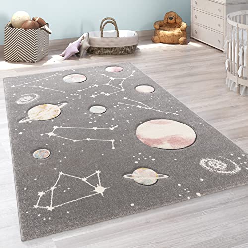 Paco Home Kinder-Teppich, Spiel-Teppich Für Kinderzimmer Mit Planeten Und Sternen, In Grau, Grösse:133 cm Quadrat von Paco Home