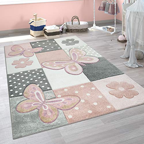 Paco Home Kinder Teppich Kinderzimmer Bunt Rosa Schmetterlinge Karo Muster Punkte Blumen, Grösse:120x170 cm von Paco Home