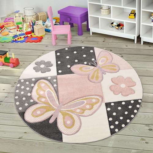 Paco Home Kinder Teppich Kinderzimmer Bunt Rosa Schmetterlinge Karo Muster Punkte Blumen, Grösse:Ø 120 cm Rund von Paco Home