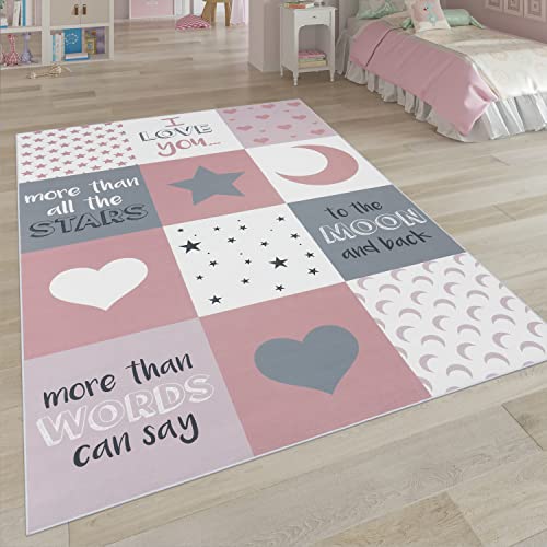 Paco Home Kinderteppich, Kinderzimmer Teppich m. Stern, Mond u. Karo Motiven, Grösse:140x200 cm, Farbe:Pink von Paco Home