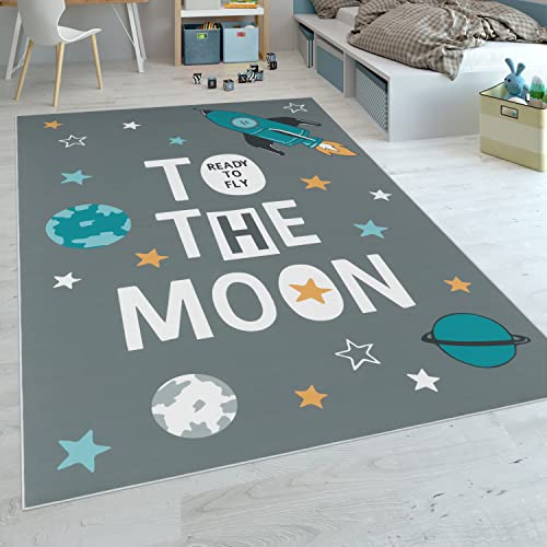 Paco Home Kinderteppich, Spielteppich Für Kinderzimmer, Mit Raketen-Motiv Und Spruch, Grau, Grösse:120x160 cm von Paco Home