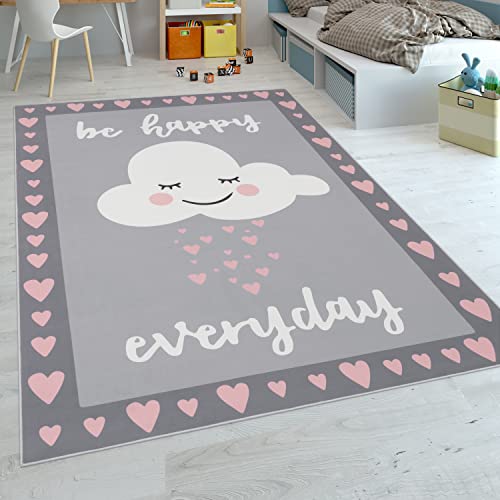 Paco Home Kinderteppich, Spielteppich Für Kinderzimmer, Spruch-Motiv Und Wolke, Grau Rosa, Grösse:140x200 cm von Paco Home