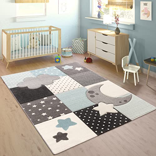 Paco Home Kinderteppich Kinderzimmer Kariert Punkte Wolken Sterne In Pastell Blau Grau, Grösse:120 cm Rund von Paco Home