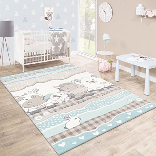 Paco Home Kinderteppich Kinderzimmer Konturenschnitt Farm Tiere Beige Creme Pastellfarben, Grösse:80x150 cm von Paco Home