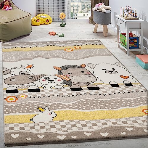 Paco Home Kinderteppich Kinderzimmer Lustige Bauernhof Tiere Konturenschnitt Beige Grau, Grösse:200x290 cm von Paco Home