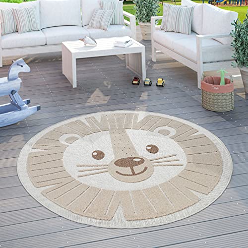 Paco Home Kinderteppich Kinderzimmer Outdoorteppich Rund Spielteppich 3D Effekt Löwe Beige, Grösse:Ø 160 cm Rund von Paco Home