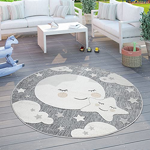 Paco Home Kinderteppich Kinderzimmer Outdoorteppich Rund Spielteppich 3D Effekt Mond Grau, Grösse:Ø 120 cm Rund von Paco Home