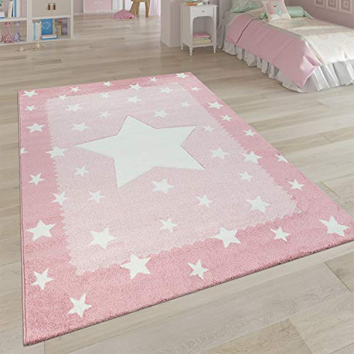 Paco Home Kinderteppich Kinderzimmer Rosa 3-D Sternen Design Bordüre Weich Robust Kurzflor, Grösse:80x150 cm von Paco Home