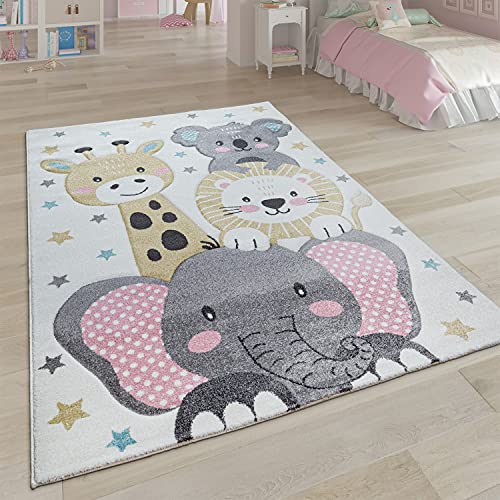 Paco Home Kinderteppich Teppich Kinderzimmer Kurzflor Mädchen Jungs Sterne Tier Muster Creme Grau, Grösse:120 cm Rund von Paco Home