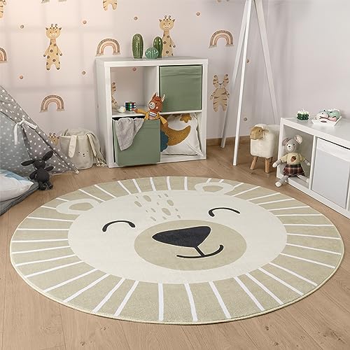 Paco Home Kinderteppich Teppich Kinderzimmer Rund Spielmatte Babymatte Waschbar Bis 30 Grad Löwenkopf Bärenkopf Moderne Deko, Grösse:120 cm Rund, Farbe:Beige von Paco Home